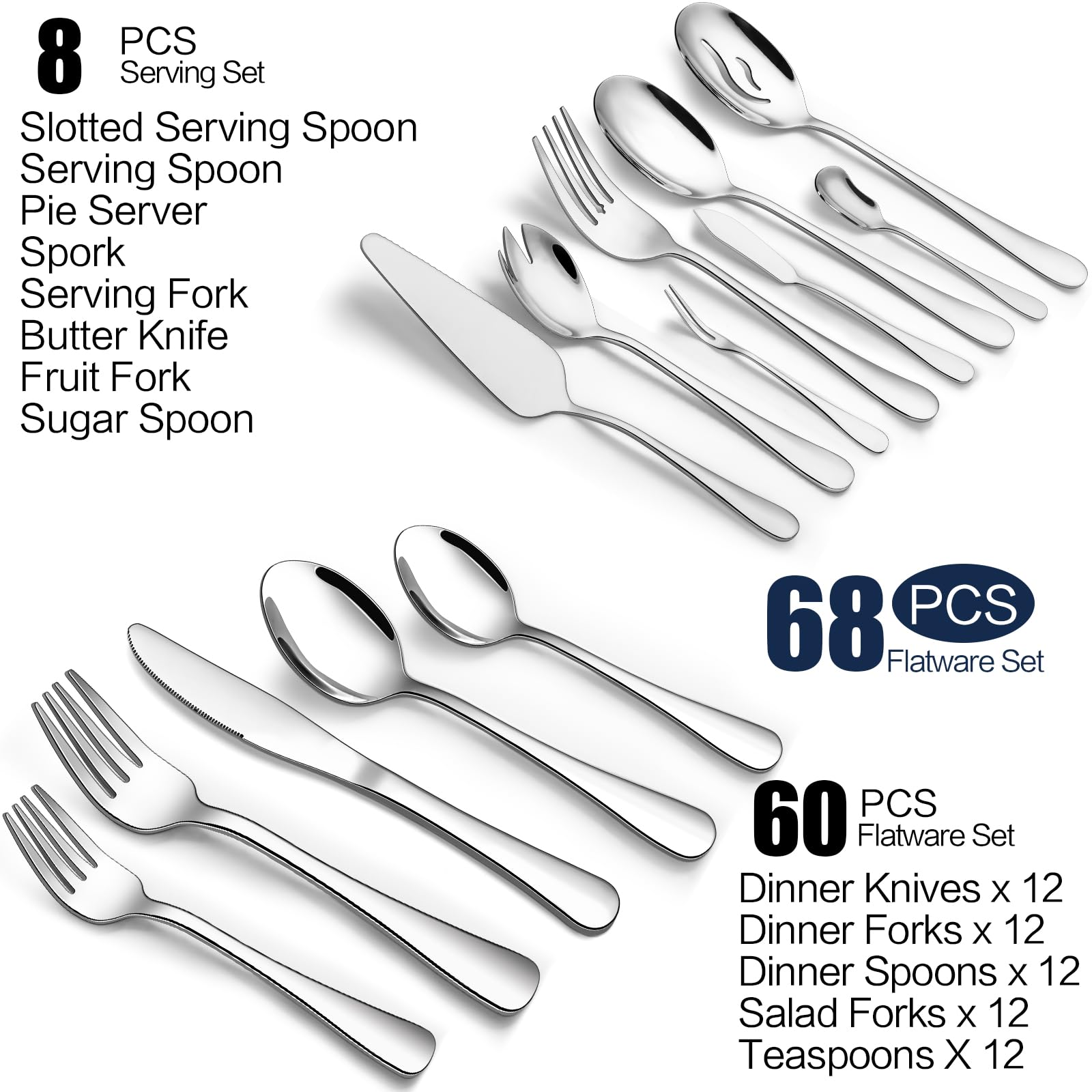 68-Piece Silverware Set With Serving Utensils, Heavy Duty Stainless Steel Flatware Set For 12, Food-Grade Tableware Cutlery Set,